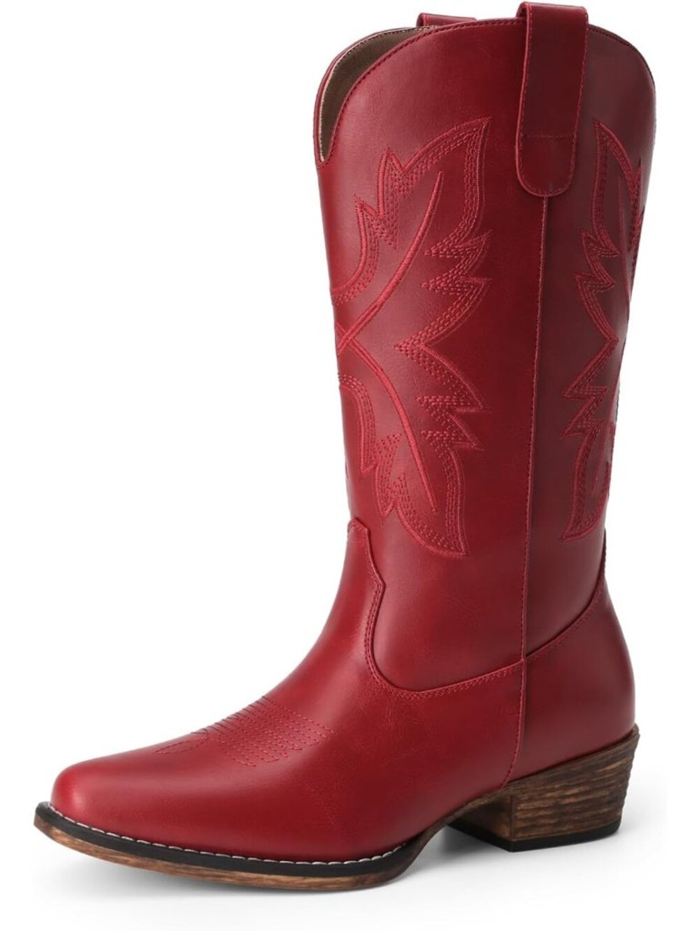 Women Cowgirl Western Mid Calf Red Snip Toe Embroidered Low Chunky Heel Boots